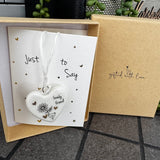 Belly Button Designs - Unique British Brand

Signature Collection - Gifted with love
Mini white Porcelain Heart decoration on card 'Just to say' &amp; Gift boxed 10cm
Quote - Lovely Friend