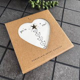 Belly Button Designs - Unique British Brand

Signature Collection decorated with bird motif - Gifted with love

White Ceramic glazed 11cm Heart shaped Coaster;
Charming stacked bird motif &amp; delicate gold foil star at the top with the quote 'you're a star!' '