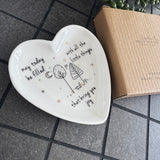 White Ceramic glazed small 10cm Heart trinket Dish with a quote;
'May today be filled with all the little things that bring you joy'
