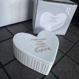 Radar - White Porcelain Heart shaped trinket box
Power of Love with this gift boxed trinket 8x7.5x3cm&nbsp;
Quote in gold text - Memories are made with love