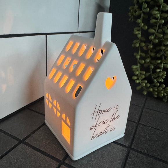 Radar - T-light Light House 
White Porcelain with the base for the t-light and house with lots of windows & doors to light it up beautifully when lit. 
Quote in gold text - Home is where the heart is
