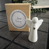 Belly Button Designs -&nbsp;Signature Collection
3D White glazed Porcelain Shaped Token - Angel with a gold heart
Presented in a brand Kraft box with the quote - 'Always with you'