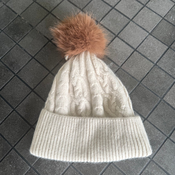Cable Knit Hat with Faux Fur bobble - Linen & Mocha