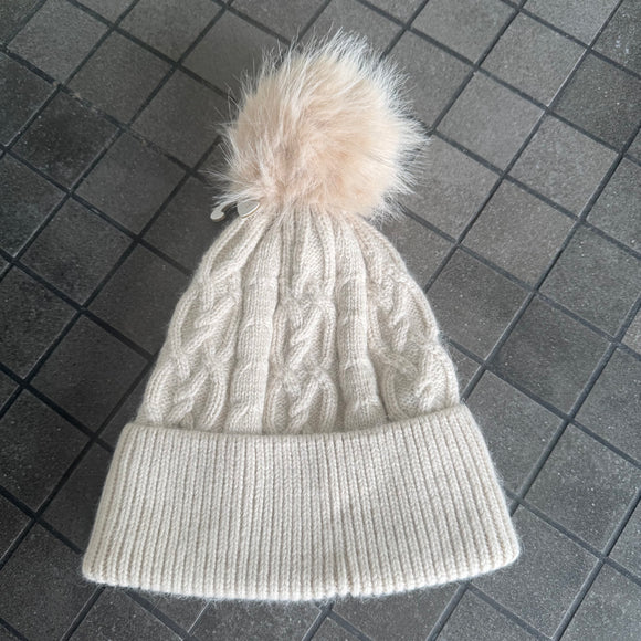 Cable Knit Hat with Faux Fur bobble - Linen