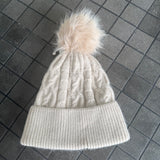 Cable Knit Hat with Faux Fur bobble - Linen