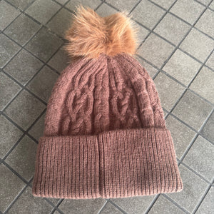 Cable Knit Hat with Faux Fur bobble - Cocoa & Mocha