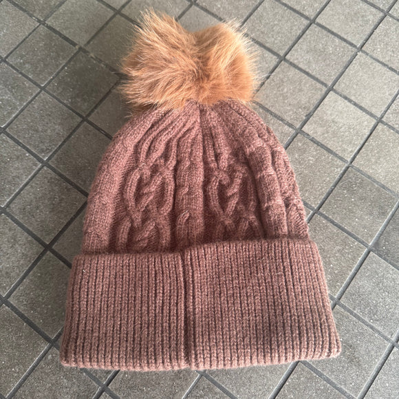 Cable Knit Hat with Faux Fur bobble - Cocoa & Mocha