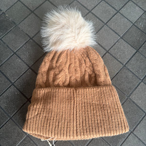 Cable Knit Hat with Faux Fur bobble - Mocha & Linen