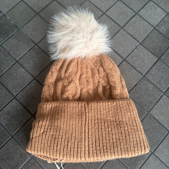 Cable Knit Hat with Faux Fur bobble - Mocha & Linen