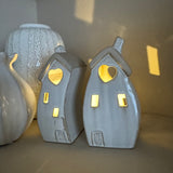 Stone Glazed Ceramic Light up Houses - Pair of Bulbous houses