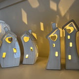 Stone Glazed Ceramic Light up Houses - Pair of Bulbous houses