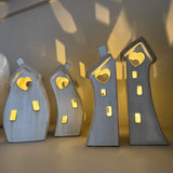 Stone Glazed Ceramic Light up Houses - Pair of slim houses