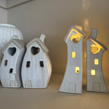 Stone Glazed Ceramic Light up Houses - Pair of Bulbous houses