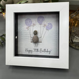 Pebble Art by La De Da Living&nbsp;
Award winning keepsake gifts - Handmade in the Cotswolds&nbsp;
Mini Framed Pebble Art - White block square frame 12.5cm
'Happy 30th Birthday' with a cluster of purple balloons..