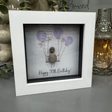 Pebble Art by La De Da Living&nbsp;
Award winning keepsake gifts - Handmade in the Cotswolds&nbsp;
Mini Framed Pebble Art - White block square frame 12.5cm
'Happy 30th Birthday' with a cluster of purple balloons..