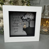 Pebble Art by La De Da Living&nbsp;

Award winning keepsake gifts - Handmade in the Cotswolds&nbsp;

Mini Glitter Framed Pebble Art - White block square frame 12.5cm
Image - Dark image with the sky full of stars, pebble person sitting on grass and a tree full of white glitter blossom
Quote - 'Sometimes life can be tough but always remember so are you!'