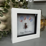 Pebble Art by La De Da Living&nbsp;
Award winning keepsake gifts - Handmade in the Cotswolds&nbsp;
Mini Framed Pebble Art - White block square frame 12.5cm
'Happy 70th Birthday' with cluster of pink &amp; blue balloons..