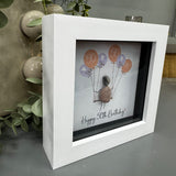 Award winning keepsake gifts - Handmade in the Cotswolds&nbsp;
Mini Framed Pebble Art - White block square frame 12.5cm
'Happy 50th Birthday' with a cluster of balloons..
