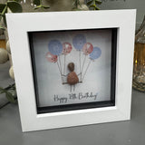 Pebble Art by La De Da Living&nbsp;
Award winning keepsake gifts - Handmade in the Cotswolds&nbsp;
Mini Framed Pebble Art - White block square frame 12.5cm
'Happy 18th Birthday' with pink &amp; blue balloons...