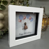 Pebble Art by La De Da Living&nbsp;
Award winning keepsake gifts - Handmade in the Cotswolds&nbsp;
Mini Framed Pebble Art - White block square frame 12.5cm
'Happy 18th Birthday' with pink &amp; blue balloons...