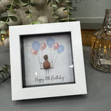 Pebble Art by La De Da Living&nbsp;
Award winning keepsake gifts - Handmade in the Cotswolds&nbsp;
Mini Framed Pebble Art - White block square frame 12.5cm
'Happy 18th Birthday' with pink &amp; blue balloons...