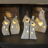 Stone Glazed Ceramic Light up Houses - Pair of Bulbous houses