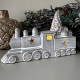 Neutral glazed Ceramic LED detailed steam Train with textured finish L19cm; xmas tree and a pile of gifts on top, instead of a pile of coal