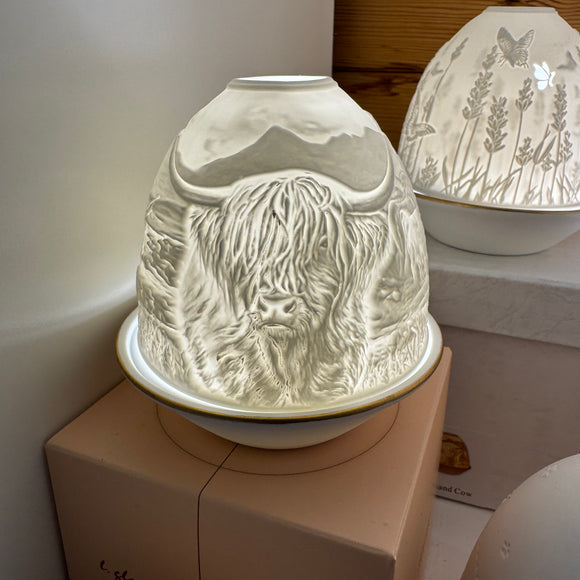 Light Glow - Home; supply the best designs & the highest quality products
White Ceramic Lithophane Oval Dome H10.6cm T-Light Candle Holder 
Design - Highland Cows