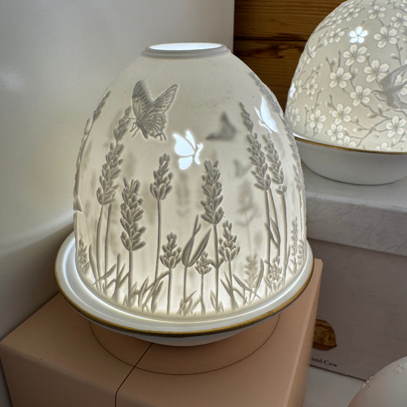 Light Glow - Home; supply the best designs & the highest quality products
White Ceramic Lithophane Oval Dome H10.6cm T-Light Candle Holder 
Design - Lavender 