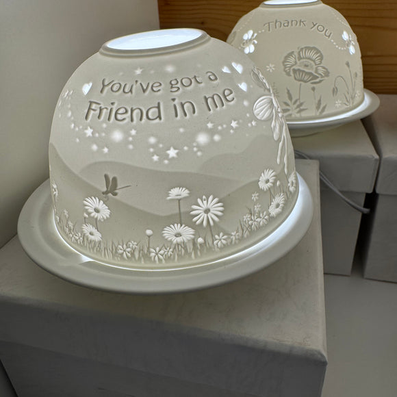 Light Glow - Home; supply the best designs & the highest quality products
White Ceramic Lithophane Dome H8cm T-Light Candle Holder 
Design & quote 'You've got a Friend in me'