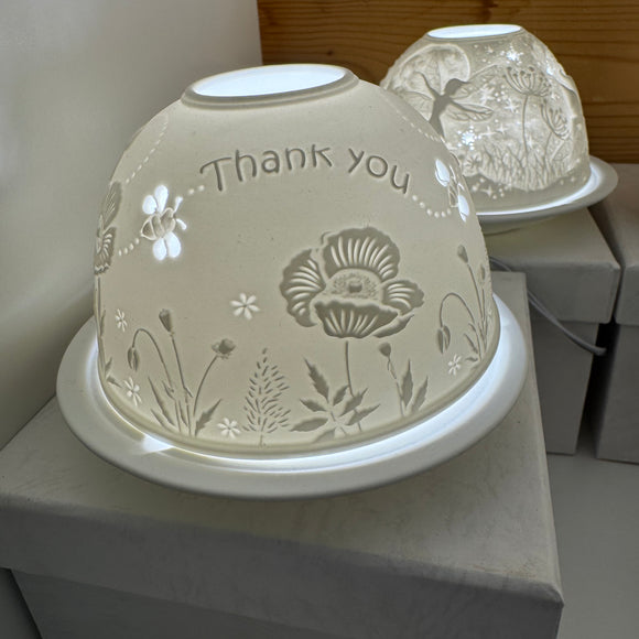 Light Glow - Home; supply the best designs & the highest quality products
White Ceramic Lithophane Dome H8cm T-Light Candle Holder 
Design & quote 'Thank you'