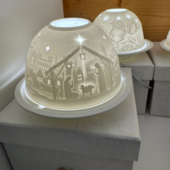 Light Glow - Home; supply the best designs & the highest quality products
White Ceramic Lithophane Dome H8cm T-Light Candle Holder 
Design - Nativity Scene