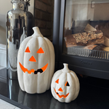 Off White warm crackle glazed Terracotta Pumpkin Lanterns with a cheerful carved faces
Available in 2 sizes; Small H19.5cm &amp; Extra Large H38cm