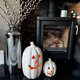 Off White warm crackle glazed Terracotta Pumpkin Lanterns with a cheerful carved faces
Available in 2 sizes; Small H19.5cm &amp; Extra Large H38cm