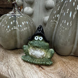 Hop to it this Autumn;
Small detailed Green ceramic frog wearing a black wizard hat and a cheeky smile 6.5cm