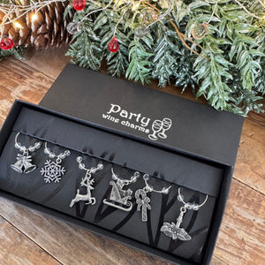 Christmas Gift - Box of 6 Silver Metal Wine Charms