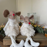 Fabric Sitting Mouse in white dress with dangly legs - 2 sizes