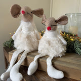 Fabric Sitting Mouse in white dress with dangly legs - 2 sizes