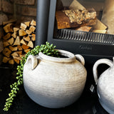 Two tone ombre Oti Terracotta Vase with handles in a sandy-beige tones into a dark charcoal base 23.5cm
