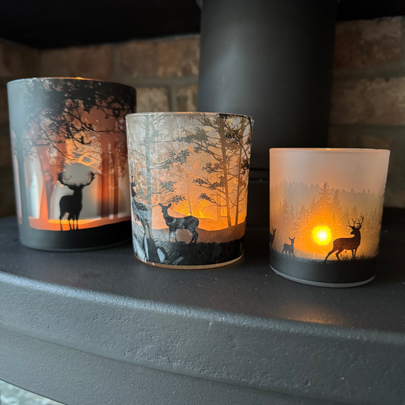 Glass Woodland Deer Design Candle Holders - 3 sizes