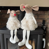 Adorable Fabric Sitting Mouse wearing a white fluffy dress and dangly legs&nbsp;
Available in 2 sizes - Small 35cm &amp; Large 48cm