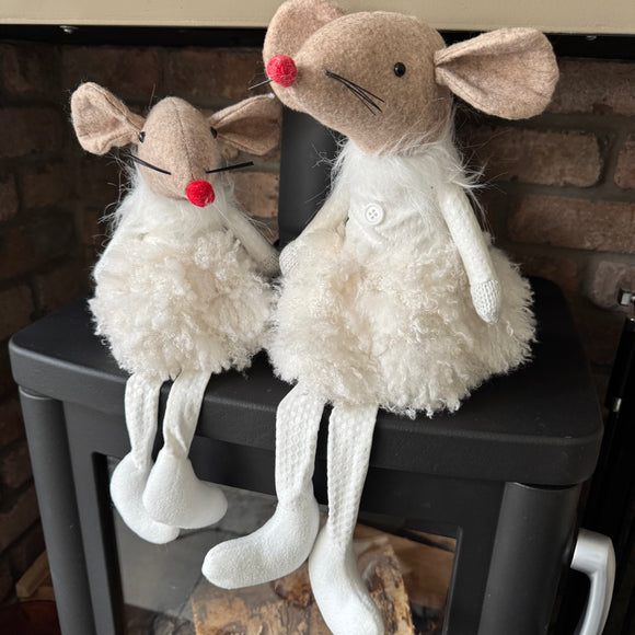 Adorable Fabric Sitting Mouse wearing a white fluffy dress and dangly legs 
Available in 2 sizes - Small 35cm & Large 48cm