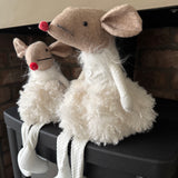 Fabric Sitting Mouse in white dress with dangly legs - 2 sizes