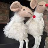 Fabric Sitting Mouse in white dress with dangly legs - 2 sizes