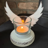 White distressed metal Angel Wings with a glass holder for t-light&nbsp;