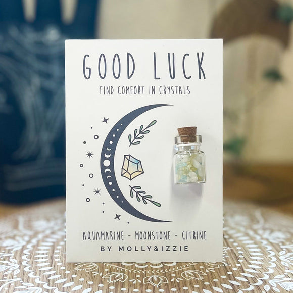 Mini Jar of Crystals by Molly & Izzie Presented on a A7 display card with the following message; 'GOOD LUCK' Find comfort in Crystals Aquamarine - Moonstone - Citrine 