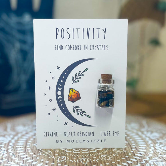 Mini Jar of Crystals by Molly & Izzie Presented on a A7 display card with the following message; 'POSITIVITY' Find comfort in Crystals Citrine - Black Obsidian - Tiger Eye 