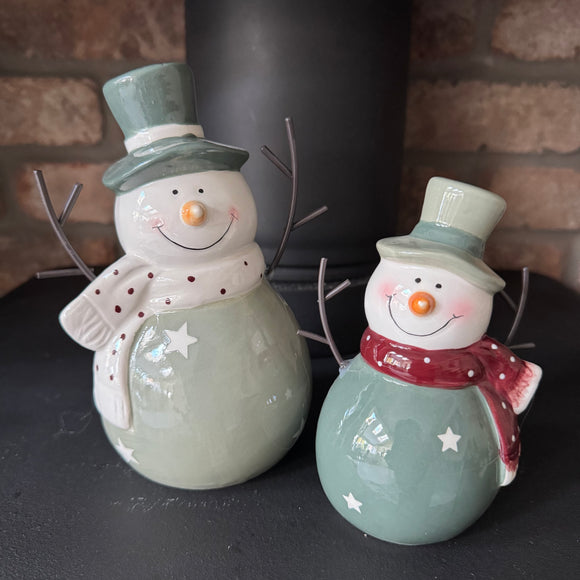 Christmas Ceramic Green Snowmen with Top hat - 2 sizes