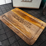 Wooden Chopping Board with laser engraved with a humorous popular quote rope handle to hang L40x25cm
Quote - OFF MY TITS ON PICKY BITS&nbsp;