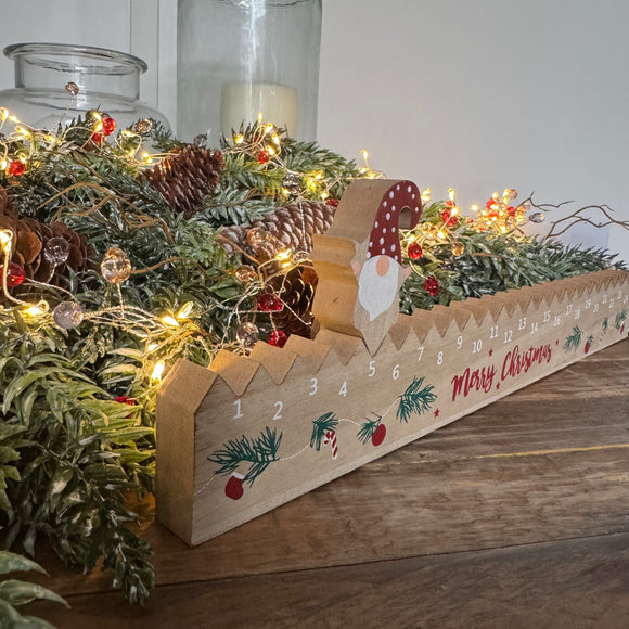 Long Wooden L39.5cm Advent Calendar Counter with Santa/Gonk Marker to count the days down